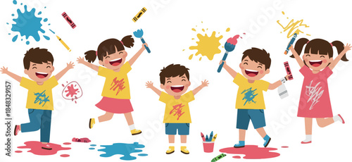 Joyful Kids Painting Fun With Colorful Splashes And Crayons