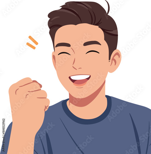 Joyful Man Celebration Victory Fist Pump Blue T-Shirt Flat Illustration