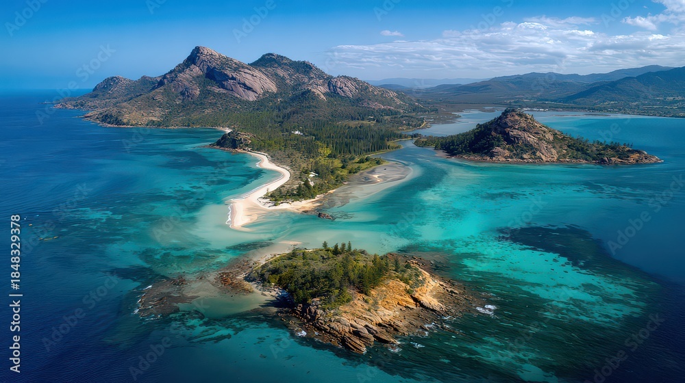 Fototapeta premium Aerial View of Capo Coda Cavallo Peninsula Featuring White Sandy Beaches Turquoise Waters and Rugged Granite Rock Formations Under Clear Blue Skies in Sardinia Italy