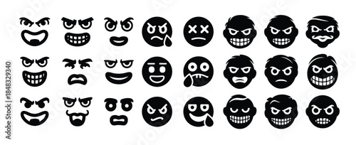 Set of black angry face emojis with various expressions like frowning, grinning, and shouting