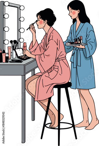 Makeup Artist Applying Cosmetics to Model in Dressing Room with Vanity Mirror
