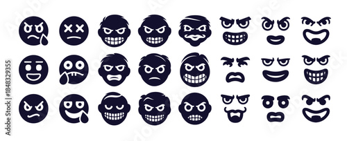 Collection of black angry face emojis depicting various expressions of rage and frustration