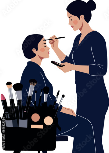 Makeup Artist Applying Eyeshadow to Client White Background Dark Blue Uniforms