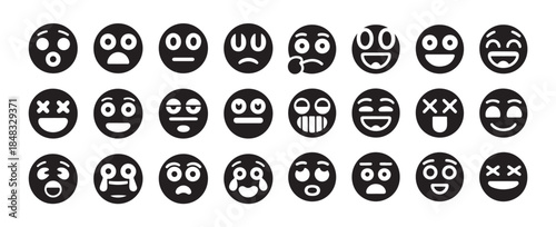 Set of black and white emojis with diverse expressions including happy, sad, and dead faces