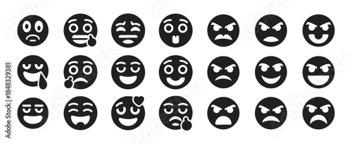 Assortment of black and white emojis displaying a range of emotions from happy to angry