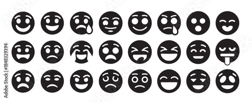 Set of 24 black silhouette emoticons showing various feelings and emotions on white background