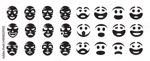 Set of abstract tribal masks with various emotions in black and white silhouette style vector