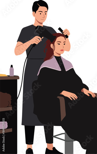Man Drying Woman Hair With Dryer In Salon Flat Illustration