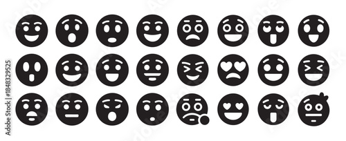 Collection of various black and white happy emoji faces with different cheerful expressions vector