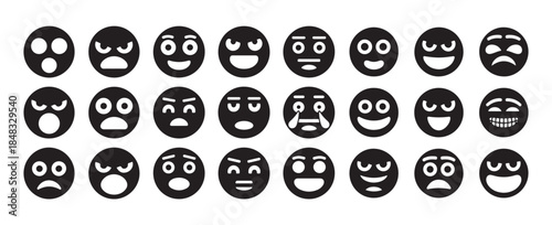 Set of black and white emoji faces displaying various negative and surprised emotions vector