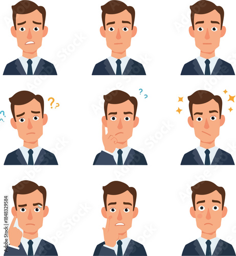 Man Faces Thoughtful Concerned Confused Expressing Emotions Vector Icons