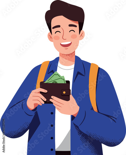 Man Happy With Wallet Full of Cash and Backpack Flat Illustration