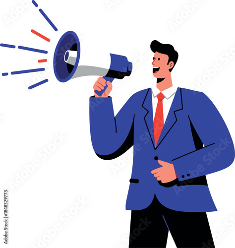 Man in Blue Suit with Red Tie Shouts Through Megaphone Announcing News