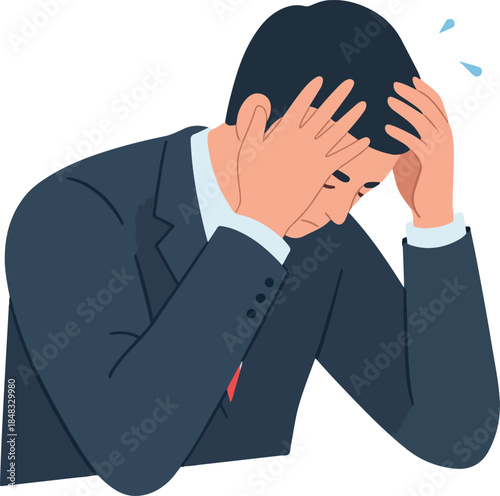 Man In Suit Holding Head In Frustration White Background Flat Illustration