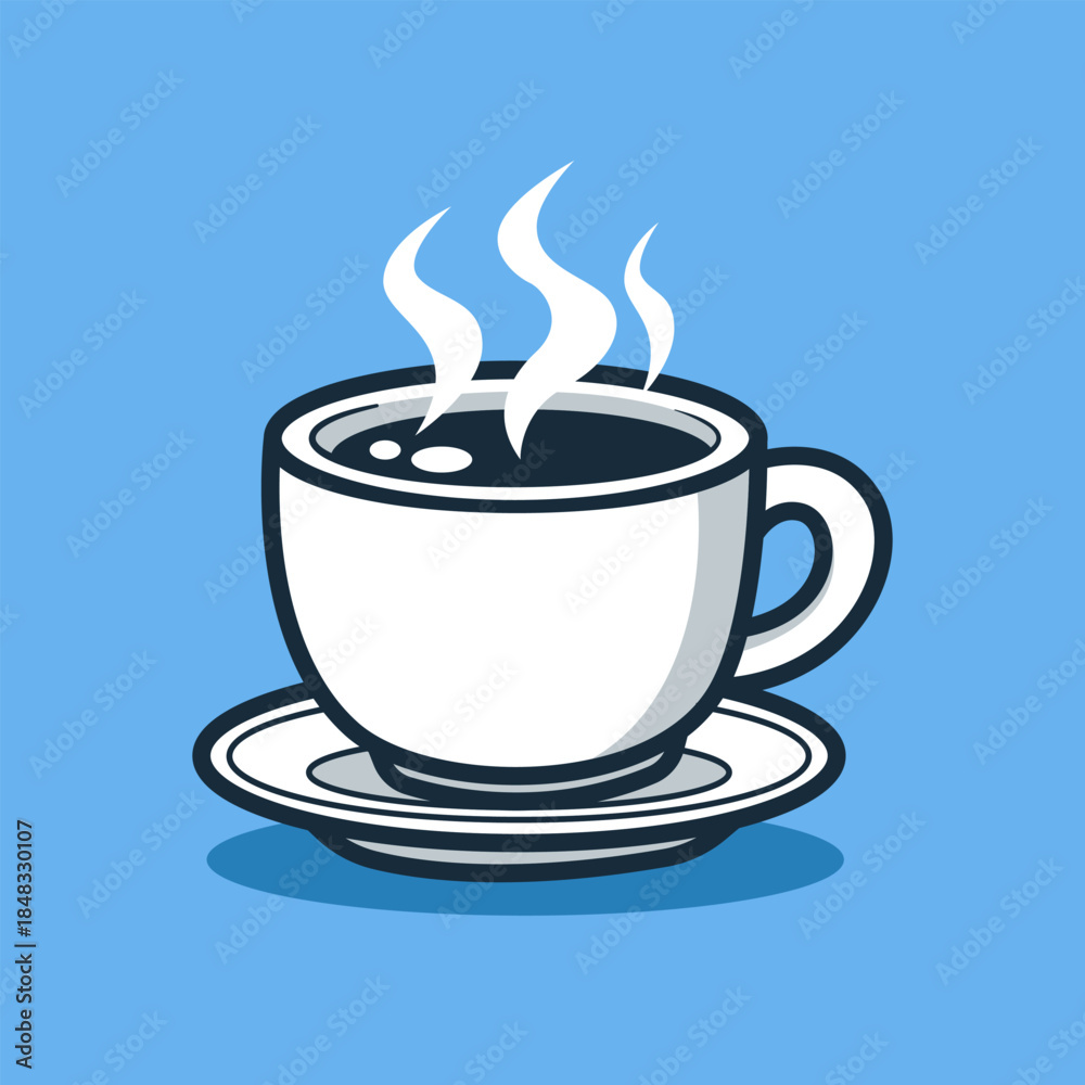 Obraz premium Hot Coffee Cup Illustration. Cartoon Steaming Espresso Mug for Breakfast and Cafe Break.