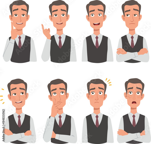 Man In Vest And Shirt Expressing Emotions Flat Design Minimal Illustration