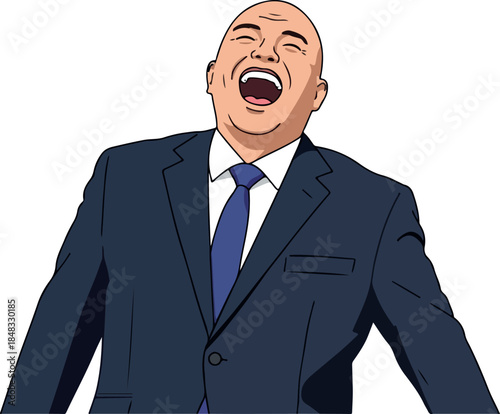Man Laughing Hard In A Dark Blue Suit Isolated On White