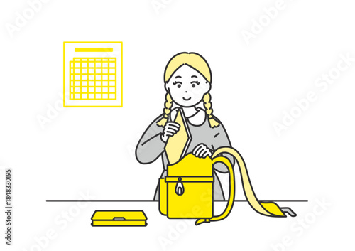 ランドセルに教科書を入れている女の子のイメージイラスト