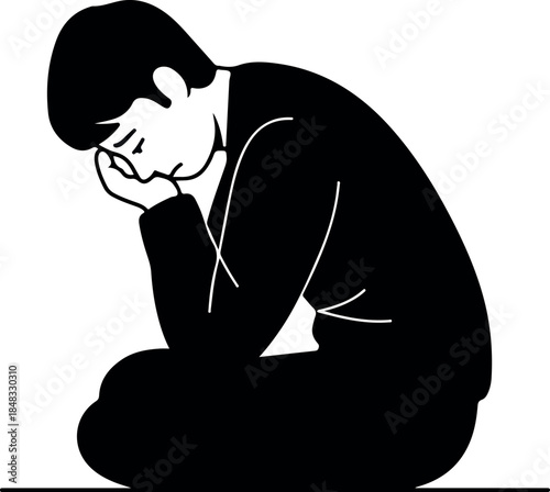 Man Sitting In Despair Isolated Silhouette Black And White Minimalist