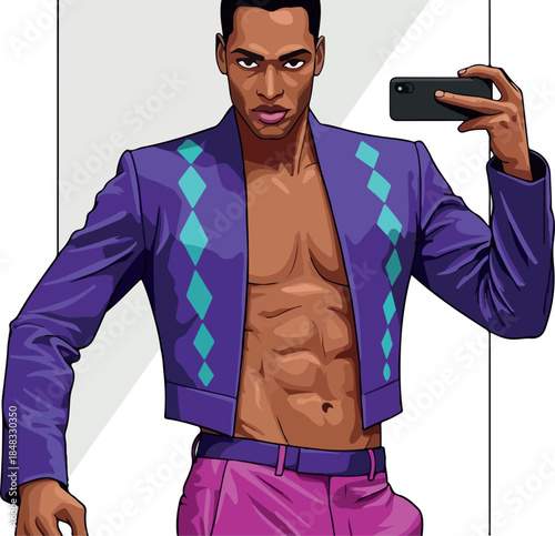 Man Taking Selfie In Purple Jacket Pink Pants Pixel Art Style