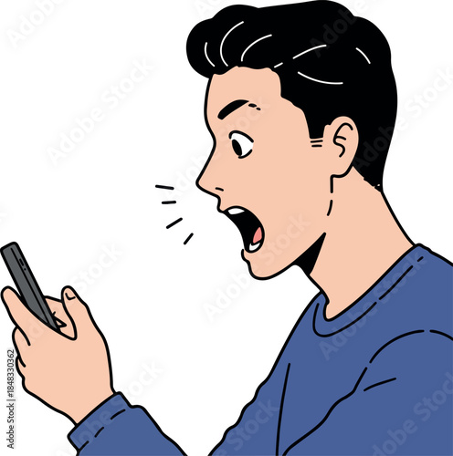 Man Talking Angry At Phone Screen Blue Shirt Isolated