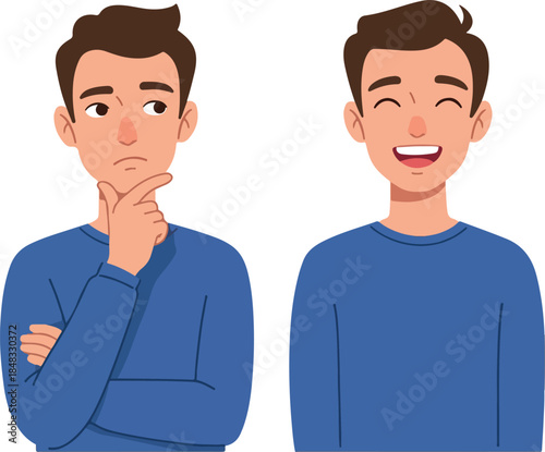 Man Thinking and Happy Blue Sweater Isolated Vector Illustration