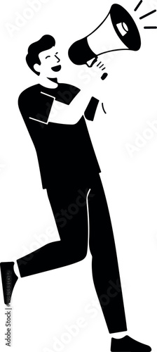 Man With Megaphone Announcing Loudly and Happily Flat Design