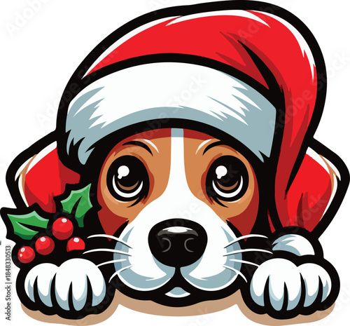 Cute cartoon dog wearing Santa hat with Santa Claus illustration