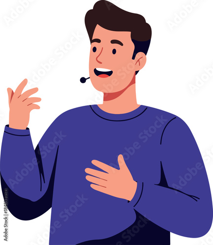 Man With Microphone Speaking Wearing Blue Sweater Isolated