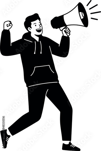 Man With Megaphone Announcing News Joyful Celebration Minimalist Black And White