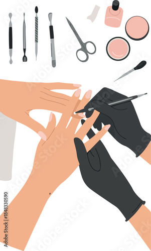 Manicure Process Tools Hands Pink Background Clean Design