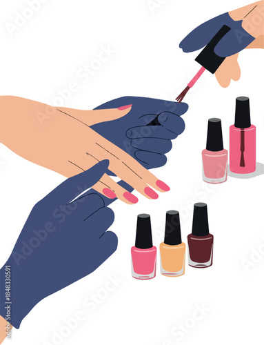 Manicure Process Applying Pink Nail Polish With Gloves And Bottles