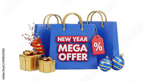 New Year Mega Offer with Shopping Bags, Gifts, and Decorations