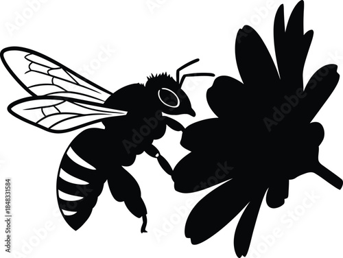 Bee collecting nectar from flower in simple black silhouette design