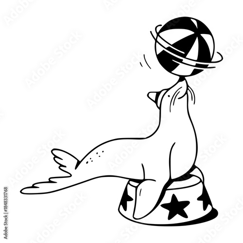 circus seal balancing ball vector illustration in vintage style