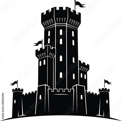 Medieval castle with tower and flags