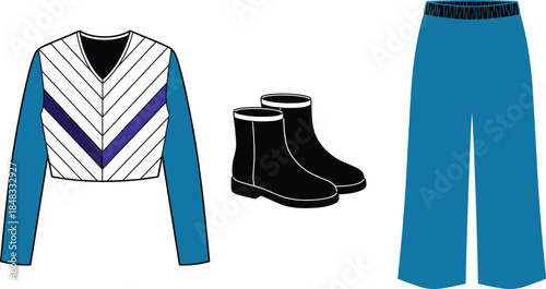 Women fashion outfit flat illustration set with sweater, pants and boots, modern casual clothing collection, minimal vector design on white background