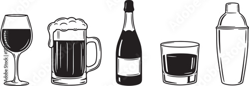 A collection of alcoholic drink items and bar accessories in line art style Vector