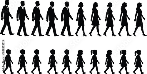 Walking people silhouette set showing men women and children motion cycles, side view human progression, black vector figures isolated on white background
