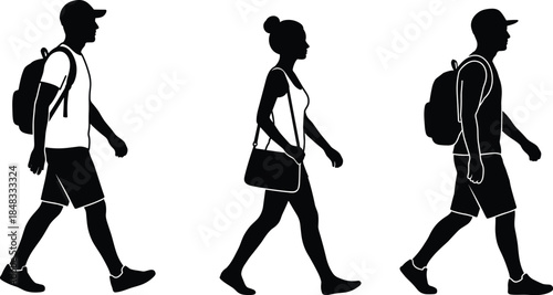 Walking people silhouette set showing men and woman carrying backpacks and handbag, casual pedestrian motion, black vector figures isolated on white background