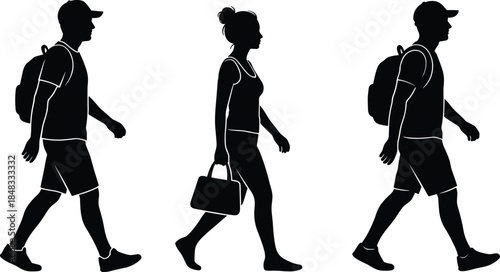 Walking people silhouette set featuring man and woman with backpacks and handbag, casual pedestrian movement, black vector figures isolated on white background
