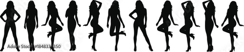 Set of elegant female fashion model silhouettes in different poses isolated on white background for design projects and advertising use