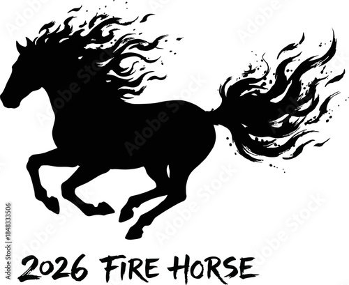 Fire Horse Silhouette Ink Brush Art. Galloping Animal with Flaming Mane Vector for 2026 Zodiac