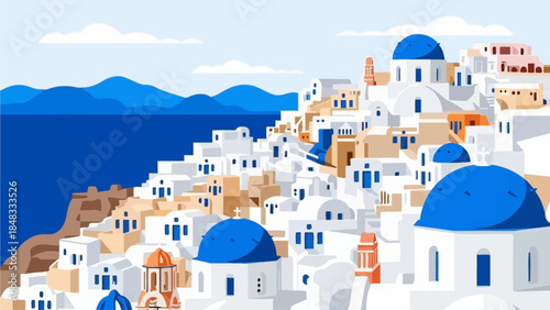 Scenic illustration of whitewashed houses with blue domes and windows in a picturesque Greek village overlooking the sea
