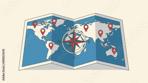 A folded map illustrating global locations with marked destinations and a navigational compass