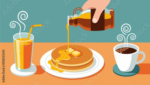 A hand pouring syrup onto a stack of pancakes on a plate with a glass of orange juice and a cup of coffee