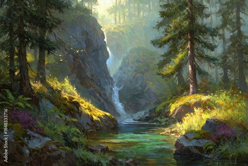 Serene Mountain Forest Waterfall Landscape