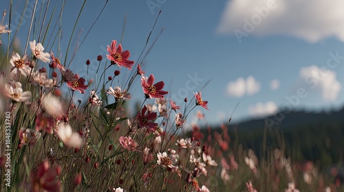 Pink And White Flowers In Field With Blue Sky And Mountains