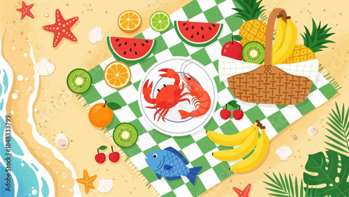 A serene beach picnic scene with fresh fruits and seafood delicacies on a vibrant checkered blanket