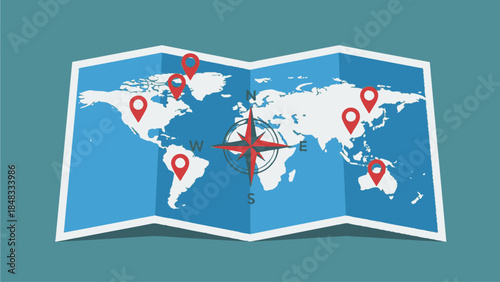 Global map with pins marking locations and a compass rose indicating direction, representing travel and connectivity